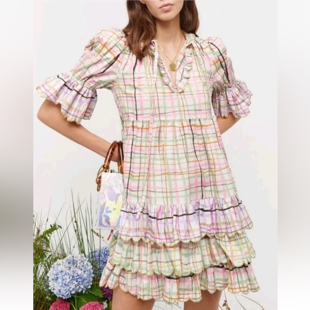 CeliaB Pink, Green and Orange Plaid Scalloped Hem Skirt with Gold Trim